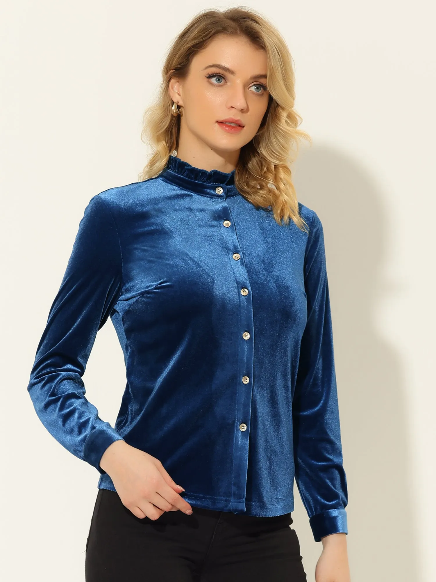 Velvet Top Stand Collar Long Sleeve Button Down Shirt sold by Allegra K product image thumbnail 5