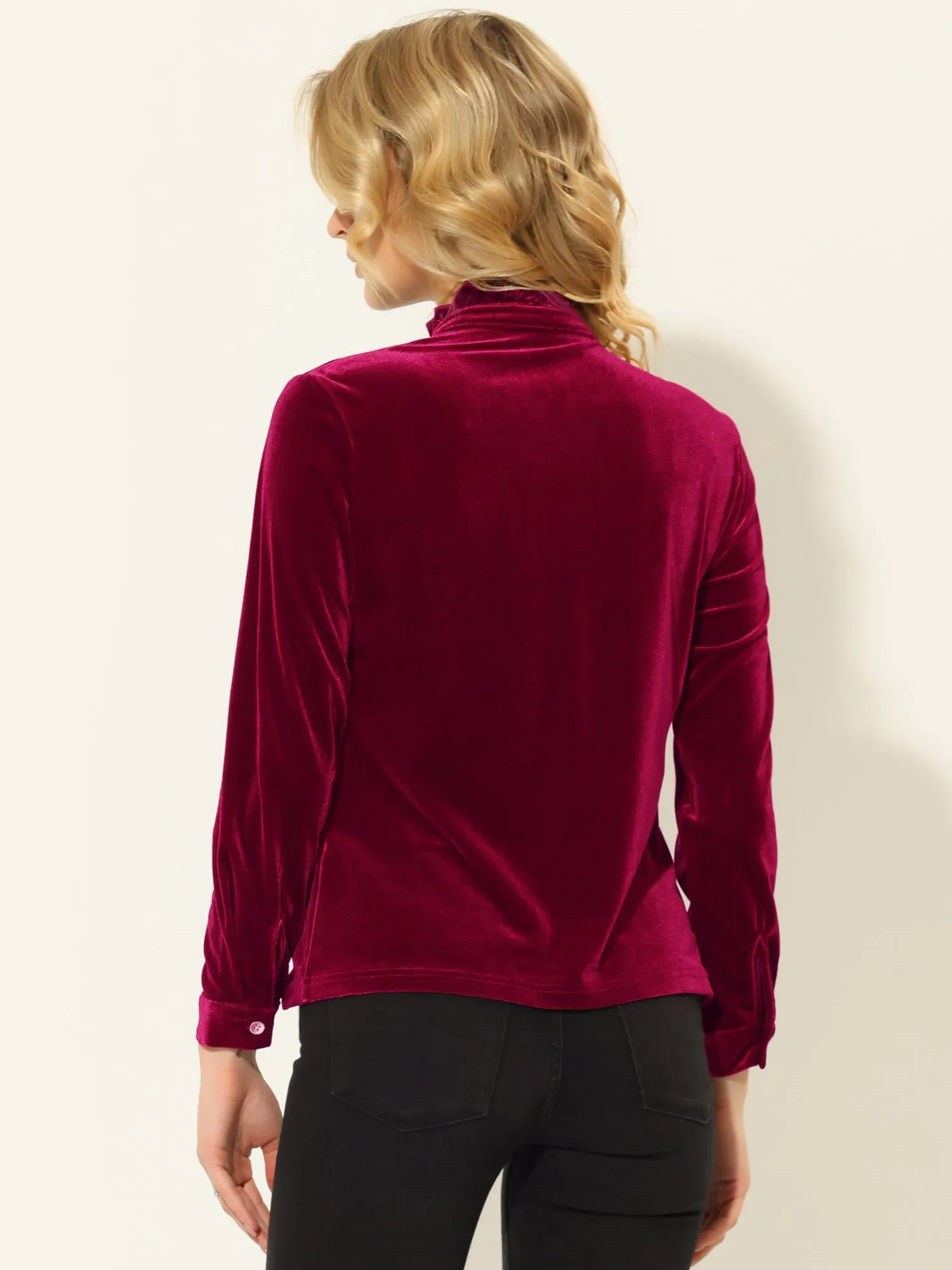 Velvet Top Stand Collar Long Sleeve Button Down Shirt sold by Allegra K product image thumbnail 3