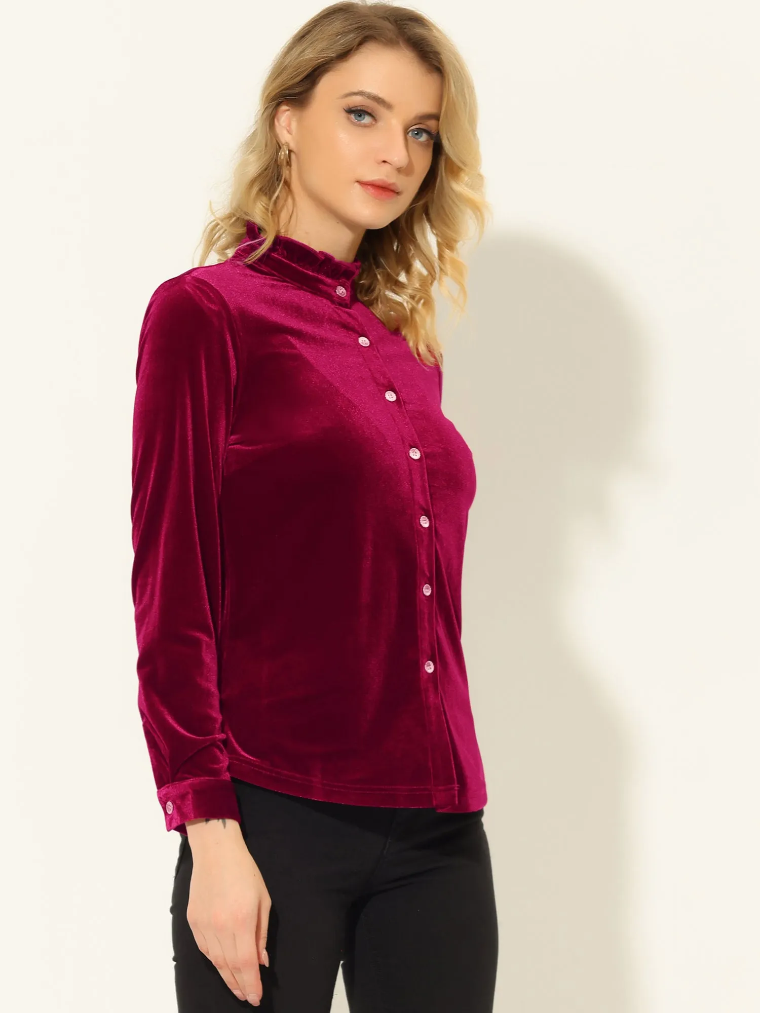 Velvet Top Stand Collar Long Sleeve Button Down Shirt sold by Allegra K product image thumbnail 4