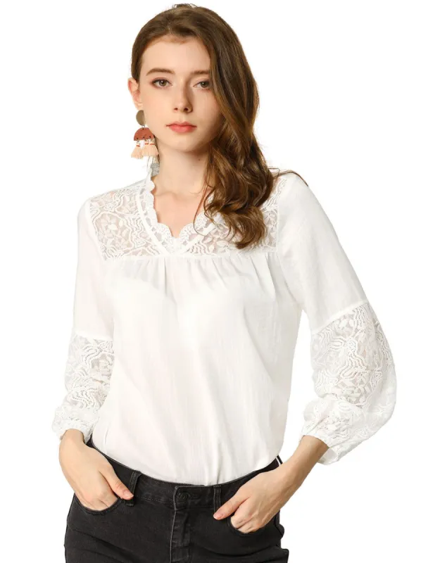 Women's Lace Floral V Neck Long Puff Sleeve Blouse sold by Allegra K