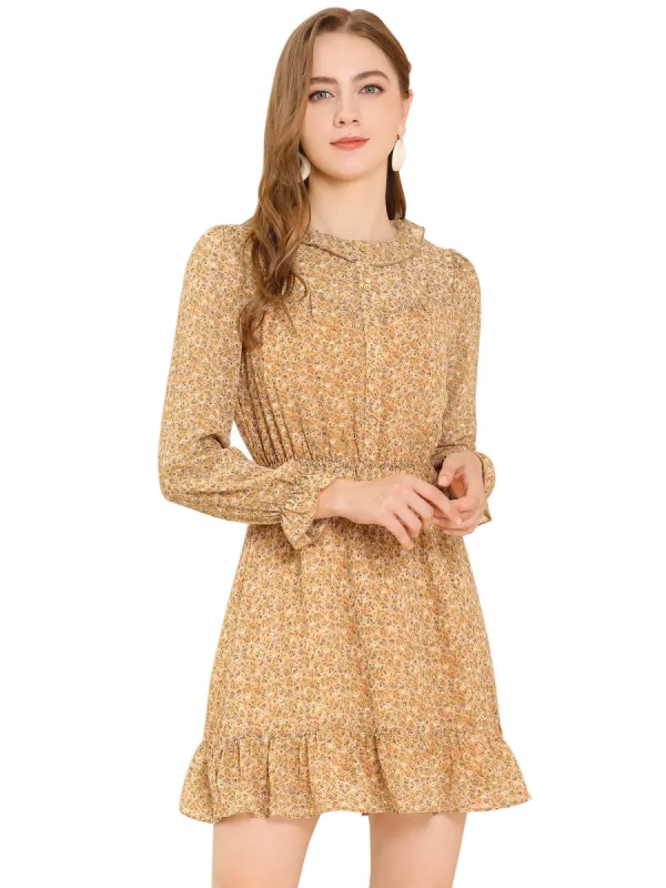 Women's Ruffle Neck Elastic Waist Button Front Puff Sleeve Floral Dress sold by Allegra K