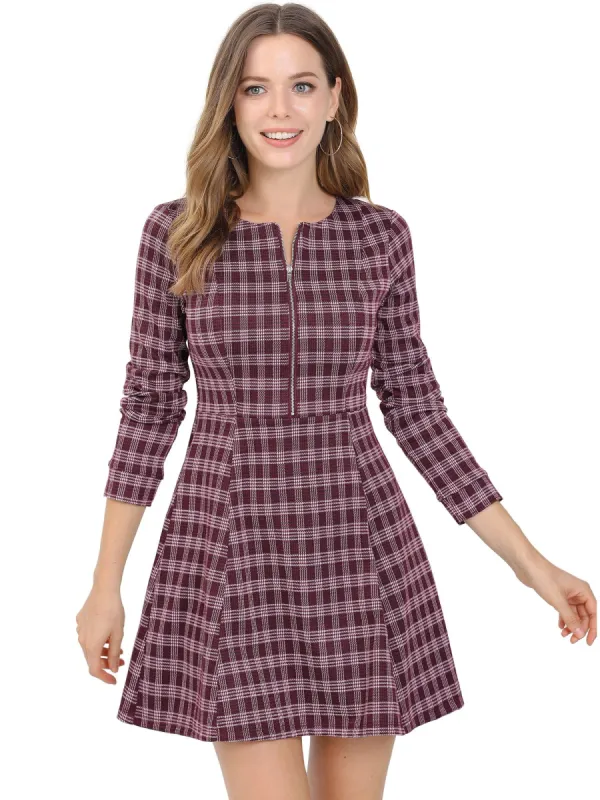 Women's Vintage Plaid Long Sleeve Zip Up Fit and Flare Mini Dress sold by Allegra K