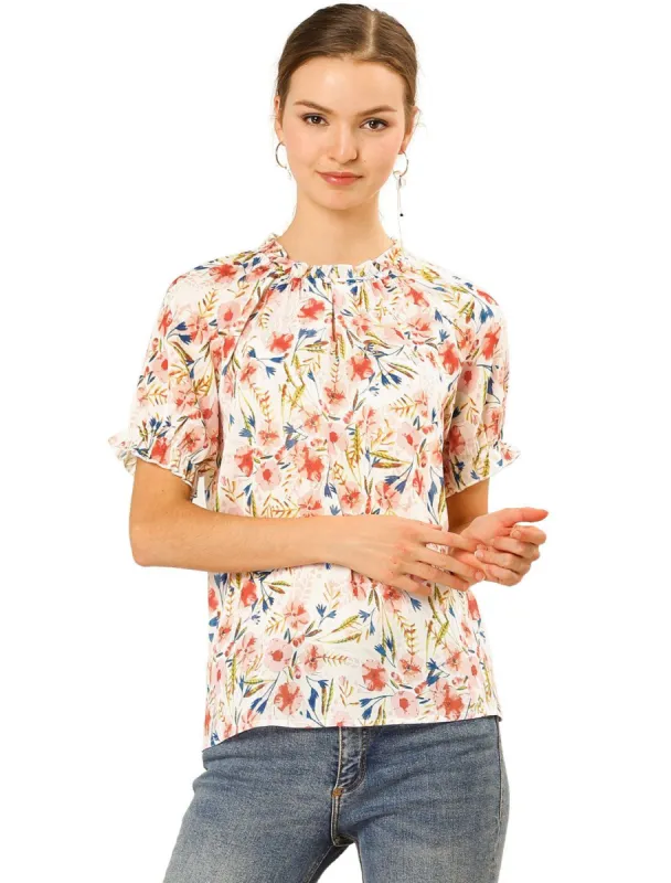 Women's Floral Ruffled Short Sleeve Tops Ruffle Neck Casual Blouses sold by Allegra K