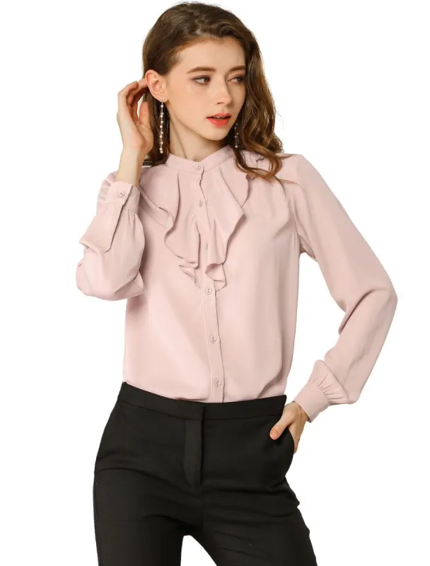 Women's Chiffon Work Office Stand Collar Button Up Long Sleeve Shirts Blouse sold by Allegra K