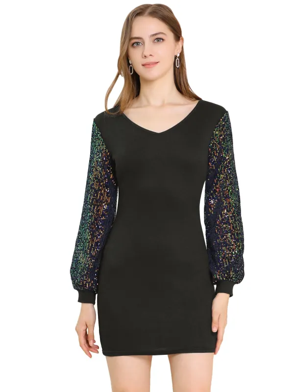 Women's Metallic Sequin Long Sleeve V Neck Shiny Contrast Color Mini Dress sold by Allegra K