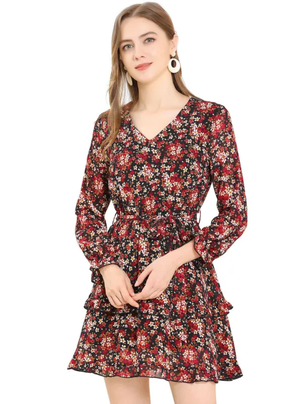 Women's Casual Long Sleeve V Neck Elastic Waist Ruffle Hem a Line Floral Dress with Belt sold by Allegra K