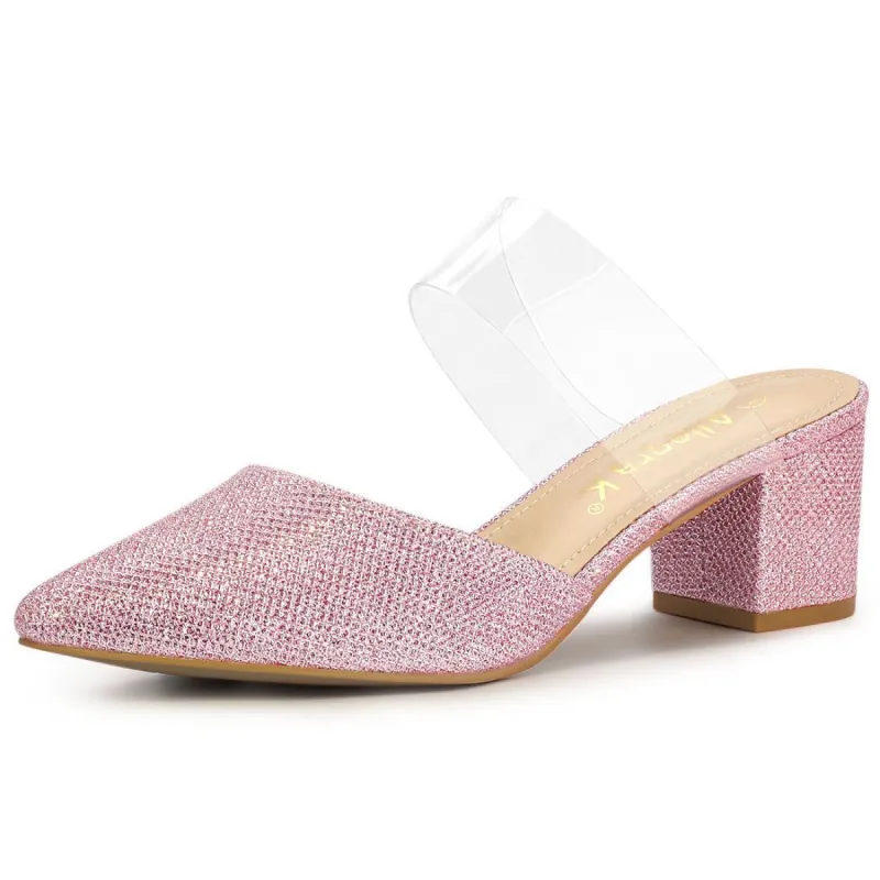 Women's Pointed Toe Block Heels Glitter Mules sold by Allegra K