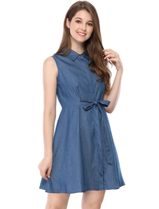 Allegra K Sleeveless Self Tie Front A-Line Denim Dress sold by Allegra K