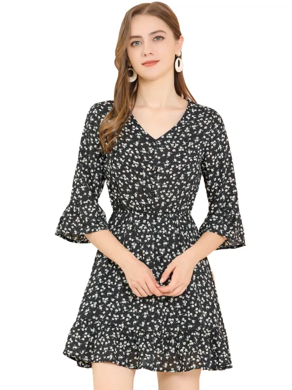 Women's Ruffle Sleeve V Neck Elastic Waist A-Line Floral Mini Dress sold by Allegra K