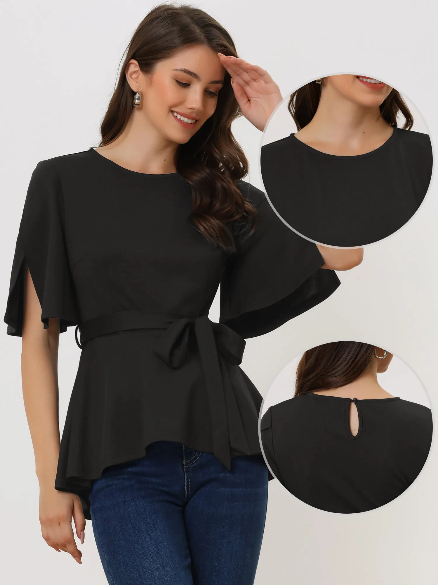 Split Half Sleeve Crew Neck Belted Knot Drap Casual Peplum Blouse sold by Allegra K product image thumbnail 2