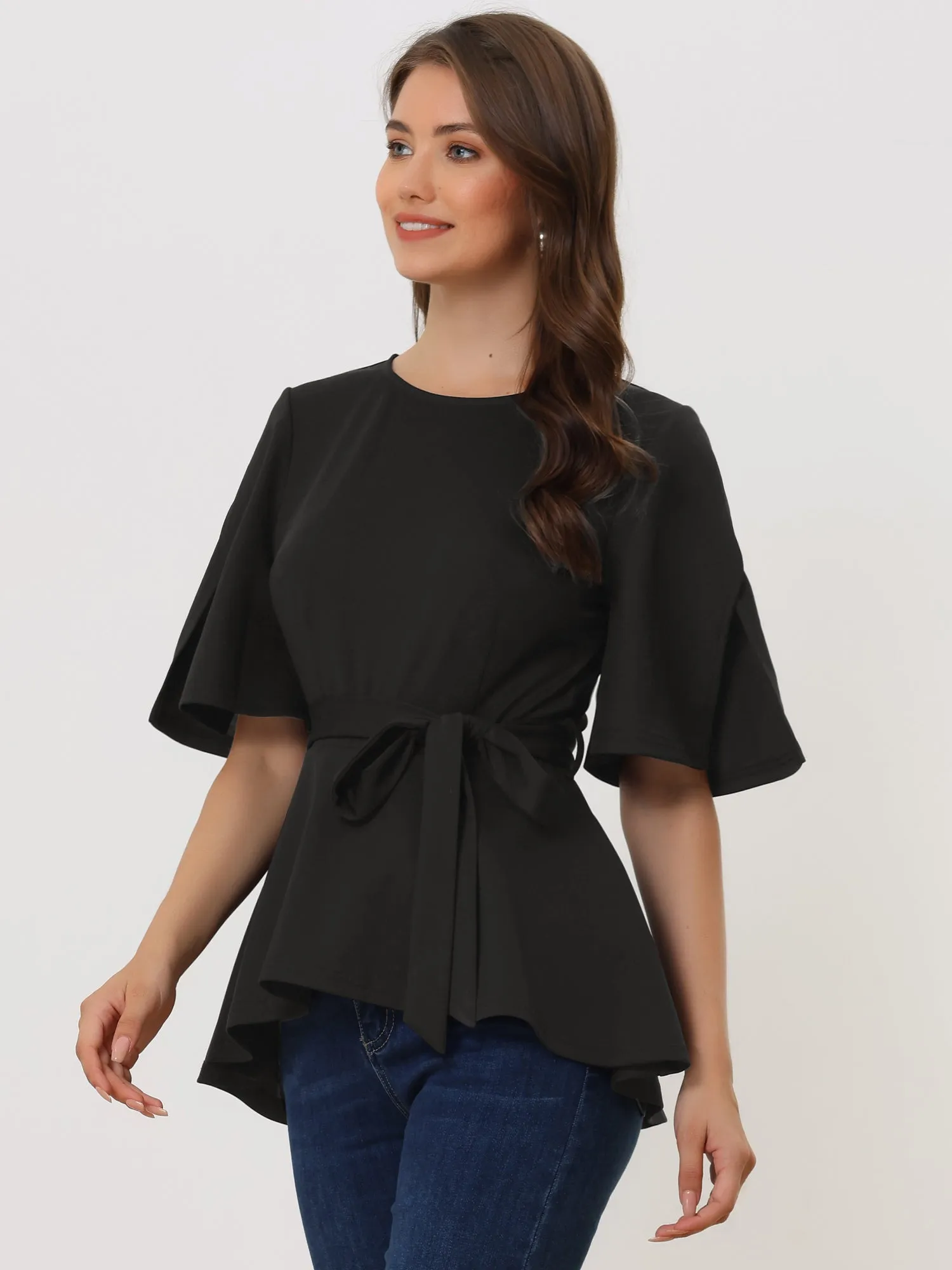 Split Half Sleeve Crew Neck Belted Knot Drap Casual Peplum Blouse sold by Allegra K product image thumbnail 4