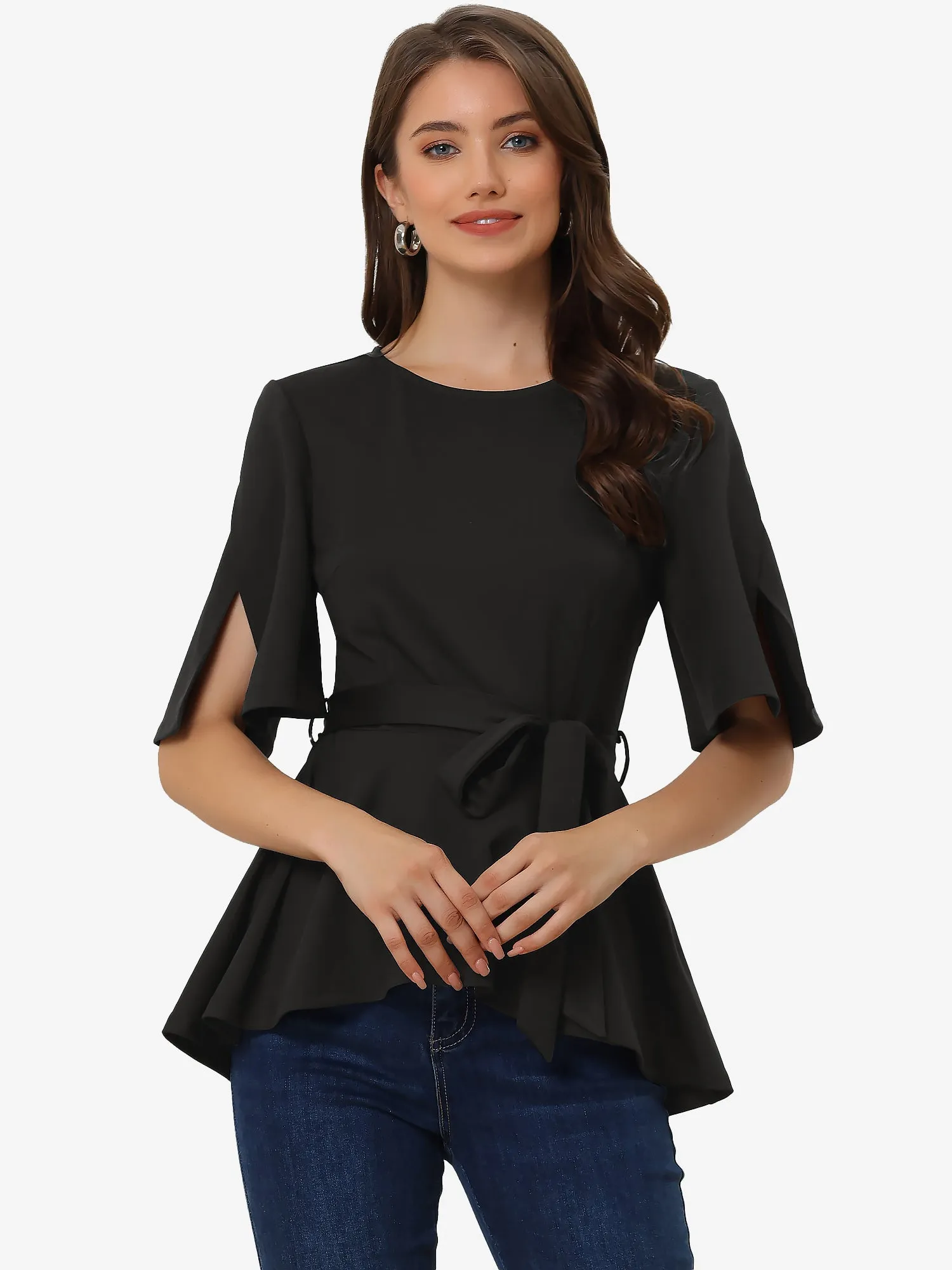 Split Half Sleeve Crew Neck Belted Knot Drap Casual Peplum Blouse sold by Allegra K