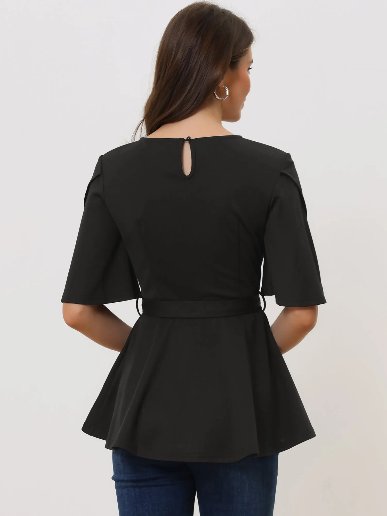 Split Half Sleeve Crew Neck Belted Knot Drap Casual Peplum Blouse sold by Allegra K product image thumbnail 3