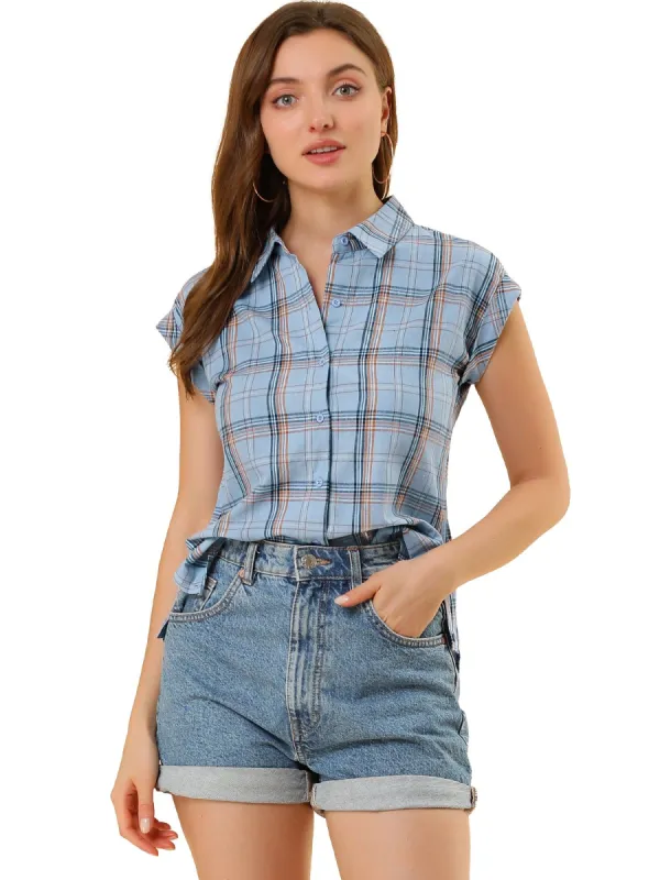 Allegra K Short Sleeve Button Down Blouse Plaid Shirt sold by Allegra K