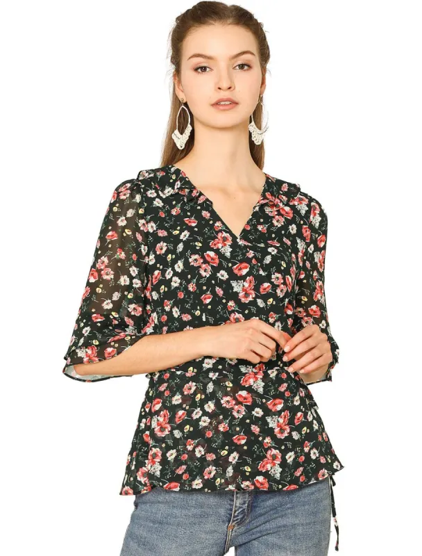 Women's Floral Print Ruffle Cuff Self Tie V Neck Wrap Chiffon Top Shirt sold by Allegra K