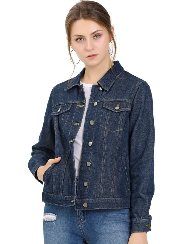 Women's Point Collar Pockets Button Down Denim Jean Jacket sold by Allegra K
