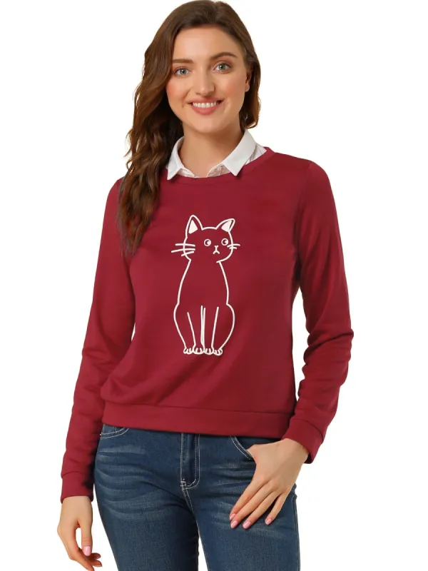 Allegra K Round Neck Cat Printed Sweatshirt made by Allegra K