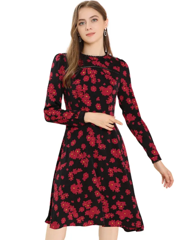 Women's Floral Print Lace Trim Round Neck Elegant Puff Sleeve Mini Dress sold by Allegra K
