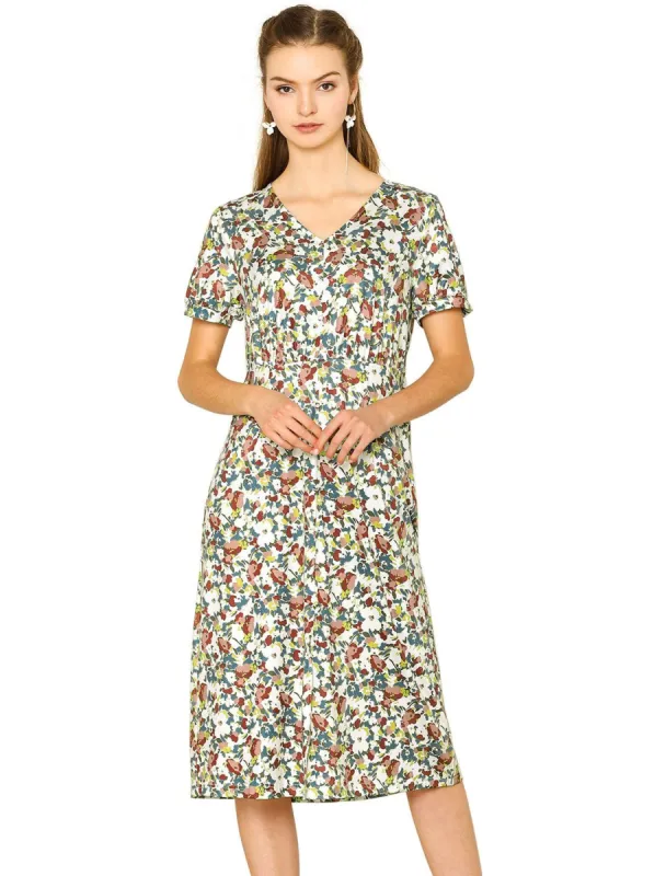 Women's Spring Floral Print Dress V-neck Short Sleeves Casual Elegant Midi Dresses sold by Allegra K