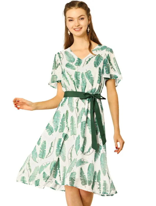 Women's Flutter Sleeve V Neck Belted Chiffon Leaf Prints Dress sold by Allegra K