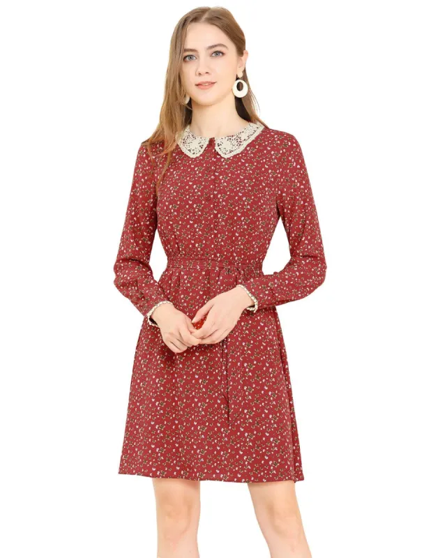 Women's Peter Pan Collar Lace Trim Button Long Sleeves Floral Shirt Dress with Belt sold by Allegra K