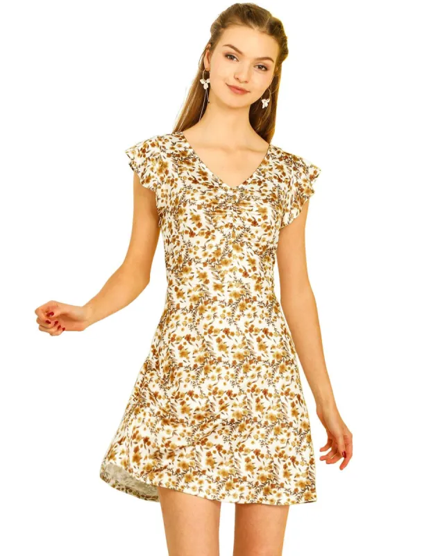 Women's Cute Floral Print Ruffled Sleeve V-Neck A-Line Casual Mini Dress sold by Allegra K