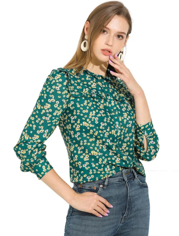 Boho Daisy Floral Ruffled Neck Long Sleeve Tops Blouses sold by Allegra K