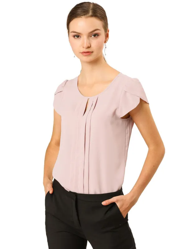 Women's Short Sleeve Pleated Front Office Round Neck Chiffon Keyhole Tops sold by Allegra K