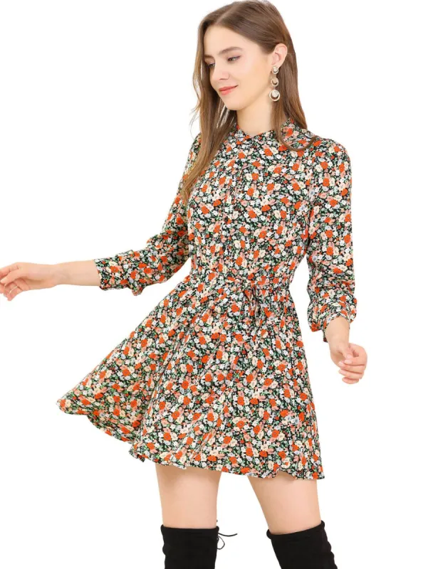 Women's Button Half Placket Long Sleeve Mini Fit and Flare  Floral Dress sold by Allegra K