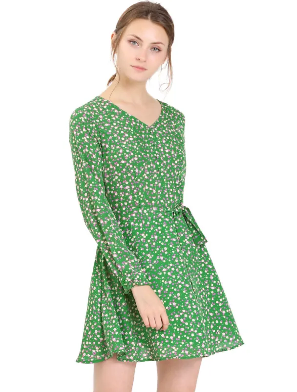 Women's Floral Print V Neck Casual A-Line Dress with Belt sold by Allegra K
