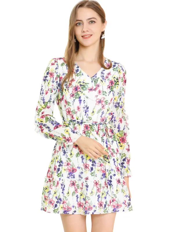 Women's  Ruffle Hem V Neck Long Sleeve A-line Floral Dress with Belt sold by Allegra K