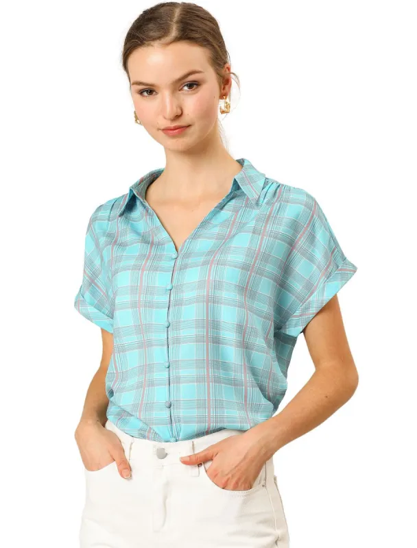 Women's Plaid Check Button Down Shirt Short Sleeve Summer Workwear Top Blouse made by Allegra K