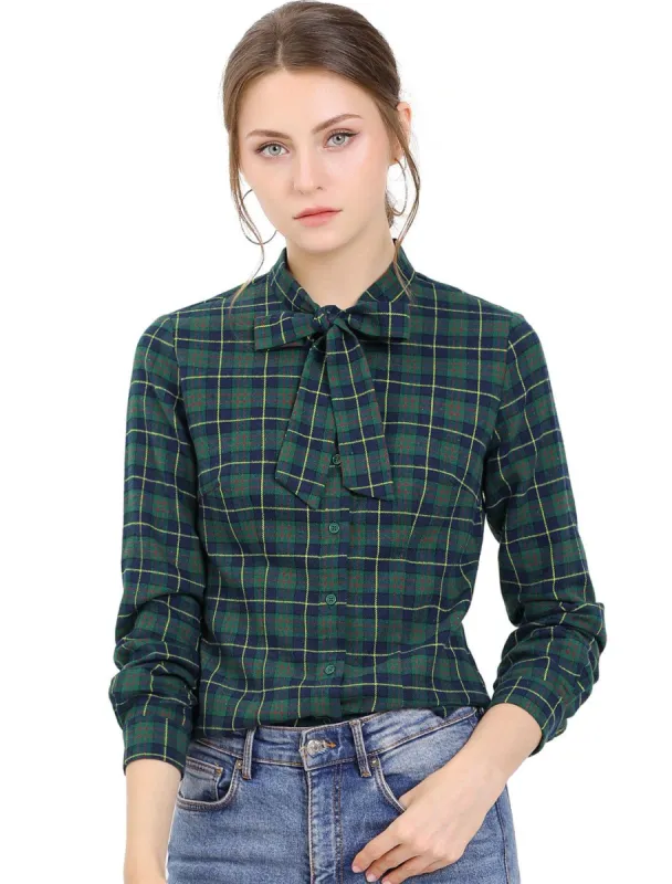 Women's Plaid Tie Neck Button Down Long Sleeves Shirt Blouse sold by Allegra K