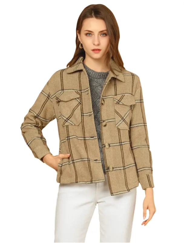 Women's Plaid Turndown Collar Single Breasted Winter Jacket with Pockets sold by Allegra K