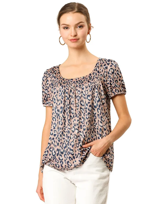 Women's Animal Print Top Short Sleeve Pleated U-neck Knit Leopard T-shirt sold by Allegra K