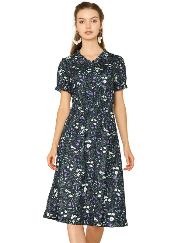 Women's Cute Ruffled Floral Print Elastic Waist V-Neck Short Sleeve A-Line Spring Midi Dress sold by Allegra K