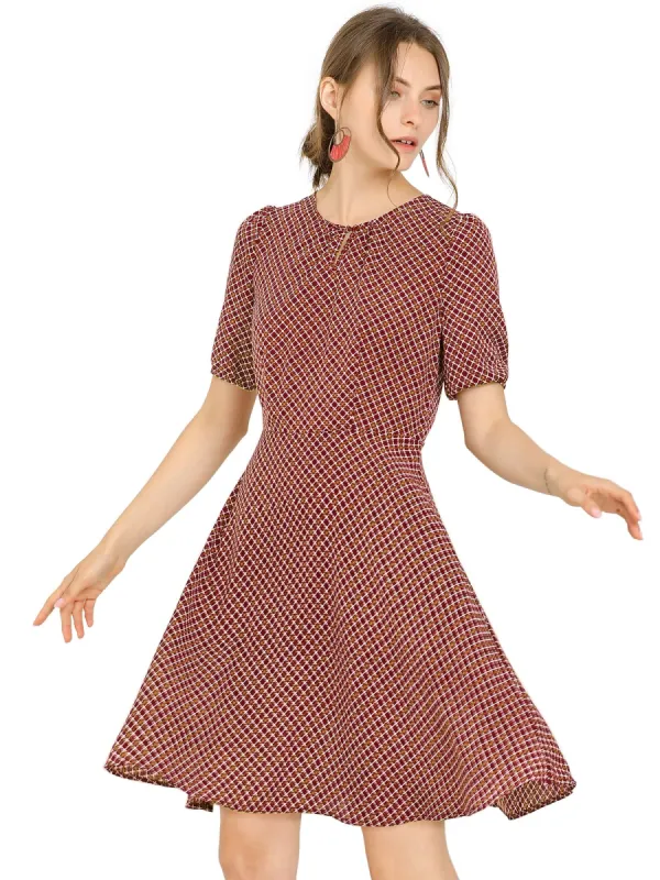 Women's Puff Sleeve Casual Keyhole A-Line Flowy Plaid Dress sold by Allegra K