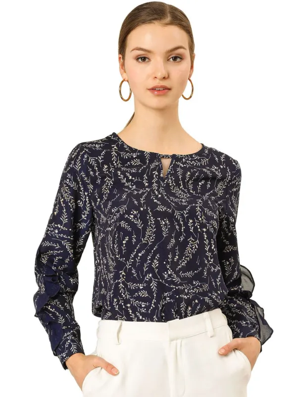 Women's Ruffle Trim Long Sleeve Vintage Tops Keyhole Neck Floral Blouse sold by Allegra K
