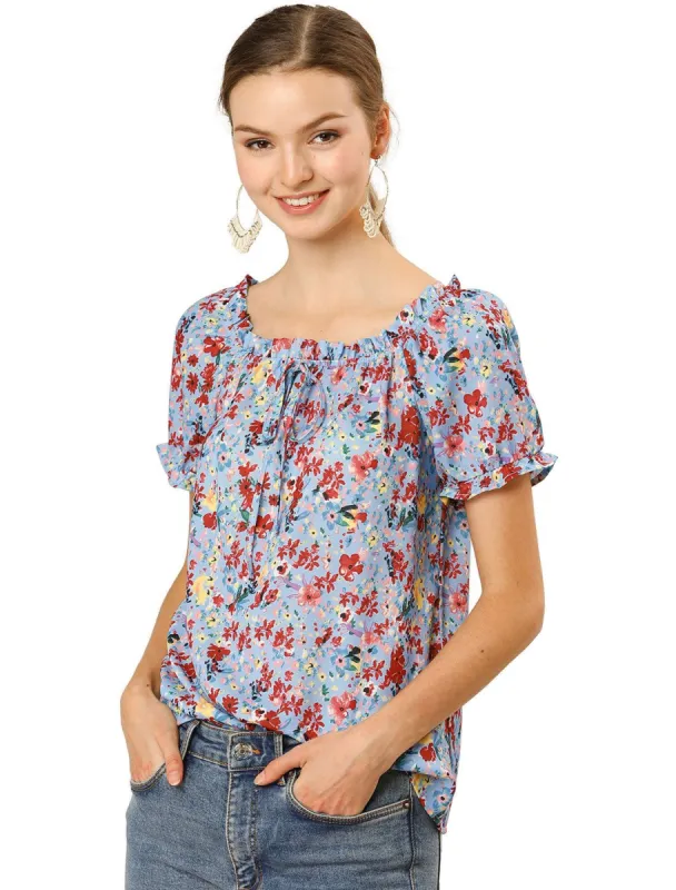 Women's Vintage Short Sleeve Ruffled Neck Self Tie Decor Colorful Floral Top sold by Allegra K