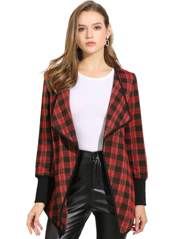 Women's Plaid Long Sleeve Lapel Open Front Outerwear Cardigan sold by Allegra K