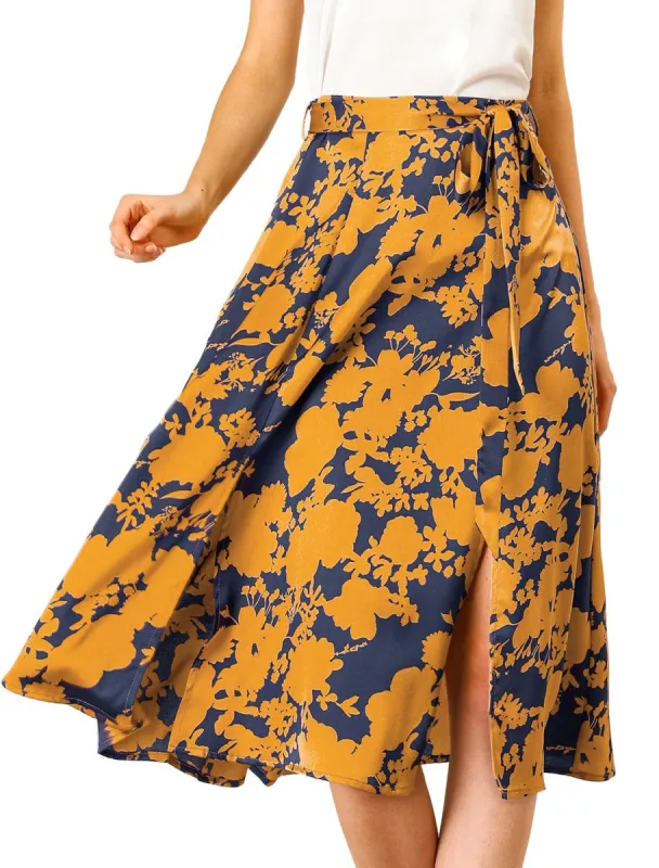 Women's High Elastic Waist Belted Slit A-Line Midi Floral Print Skirt sold by Allegra K