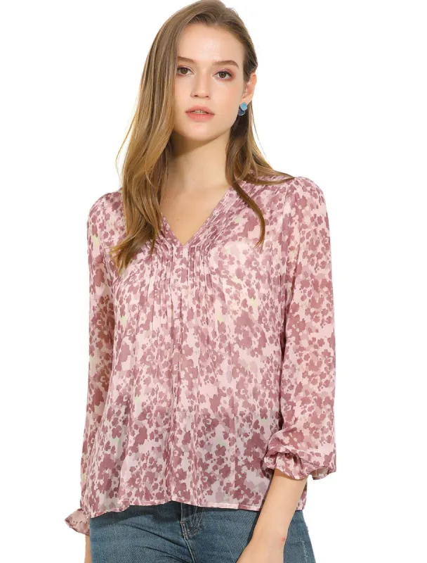 Women's Puff Sleeve Floral Print Ruffled Pintuck Pleat Ruched Blouse Top sold by Allegra K
