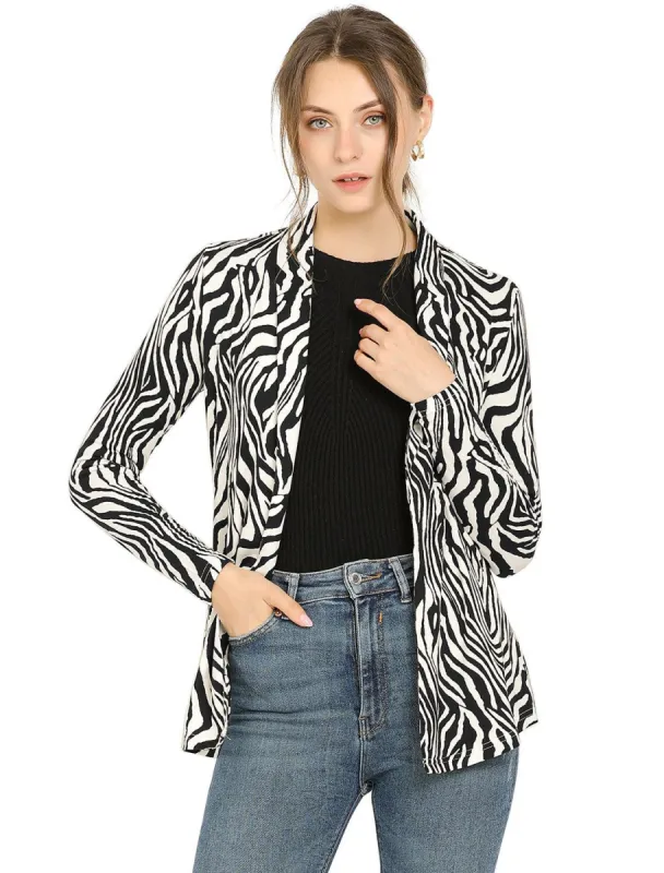 Women's Fall Work Elegant Long Sleeves Shawl Collar Open Front Straight Knit Zebra Print Cardigan sold by Allegra K