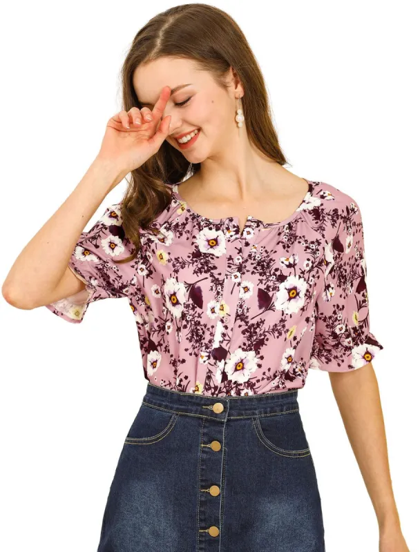 Women's Cute Floral Print Button Down Shirt Scoop Neck Ruffled Sleeves Casual Blouse sold by Allegra K