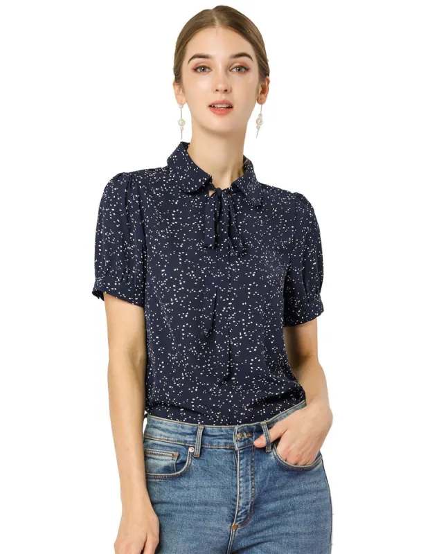 Women's Polka Dots Short Sleeve Bow Tie Peter Pan Collar Chiffon Blouse sold by Allegra K