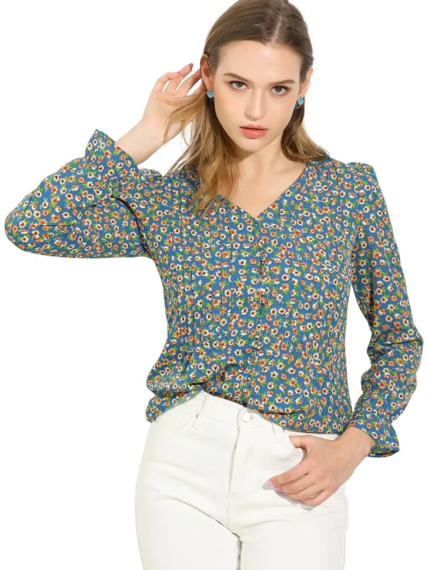 Women's Pintuck Pleat Button Up Long Puff Sleeve Blouse V Neck Floral Top sold by Allegra K