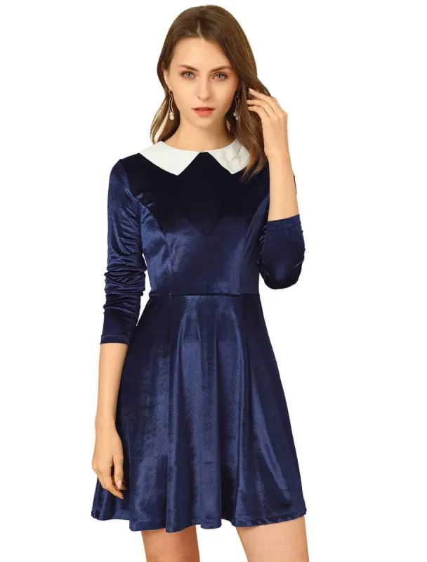 Women's Vintage Velvet Long Sleeve A Line Contrast Doll Peter Pan Collar Dress sold by Allegra K