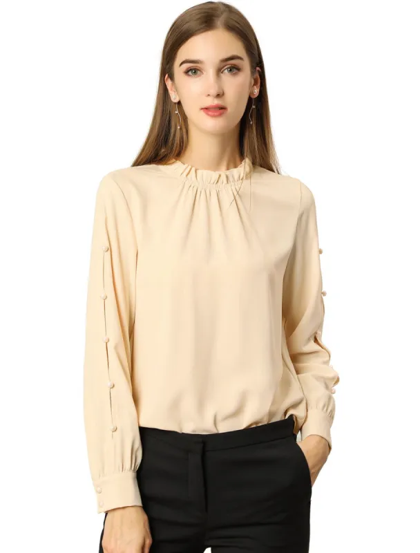 Women's Work Ruffle Trim Mock Neck Button Decor Solid Blouse Shirt sold by Allegra K