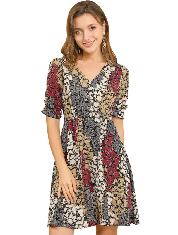 Women's Floral Print V Neck Puff Sleeve Fit and Flare Dress sold by Allegra K