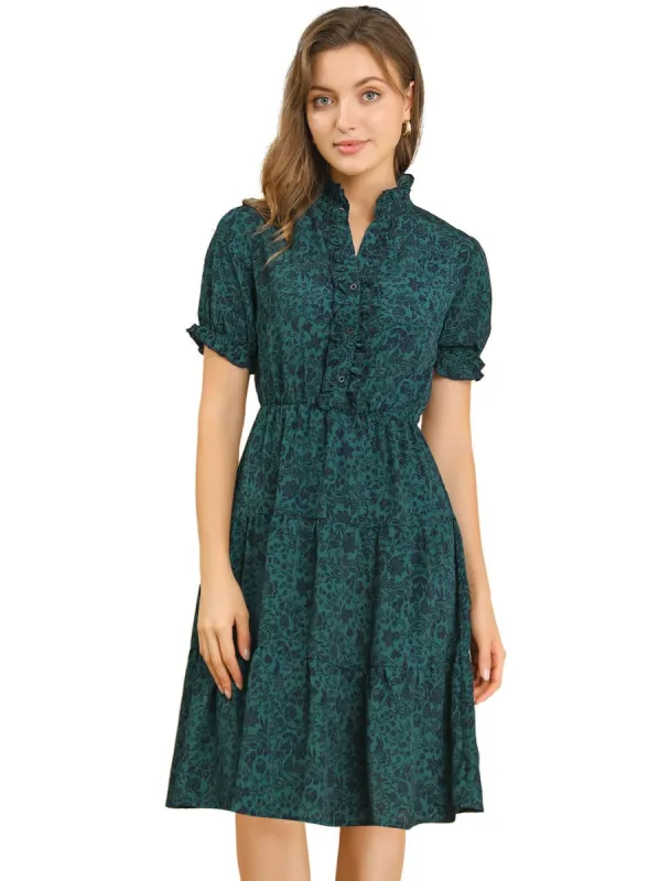 Women's Boho Floral Button Front Fit and Flare Ruffle Short Sleeve Dress sold by Allegra K